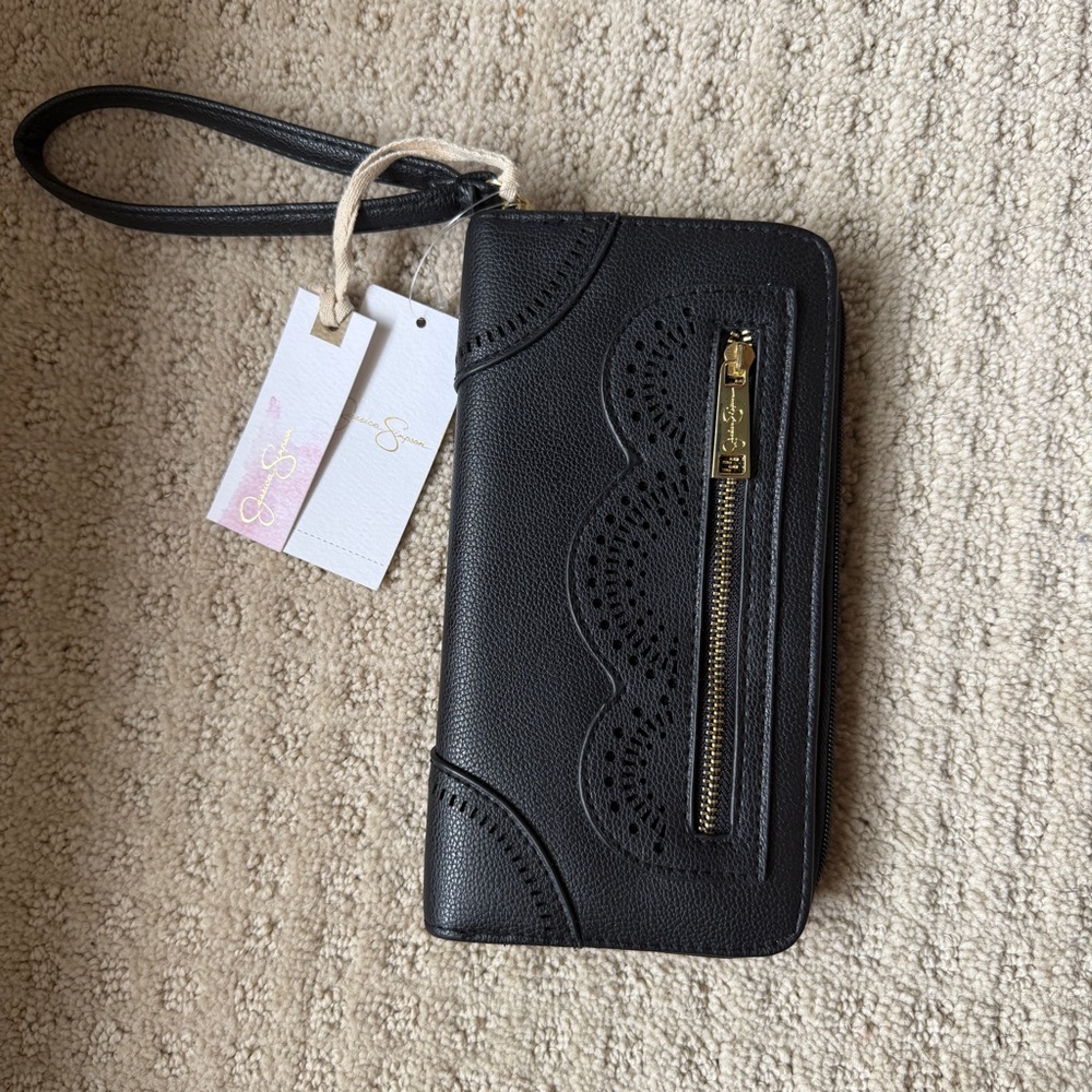 Jessica Simpson Black Harper Laser Cut Scalloped Zip Wallet NWT